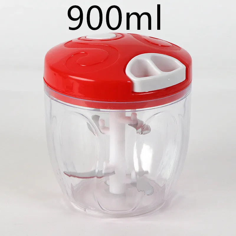 Green manual kitchen chopper with three blades, 500ml capacity, and compact design