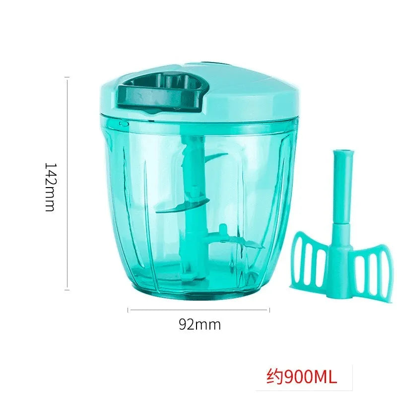 Green manual kitchen chopper with three blades, 500ml capacity, and compact design