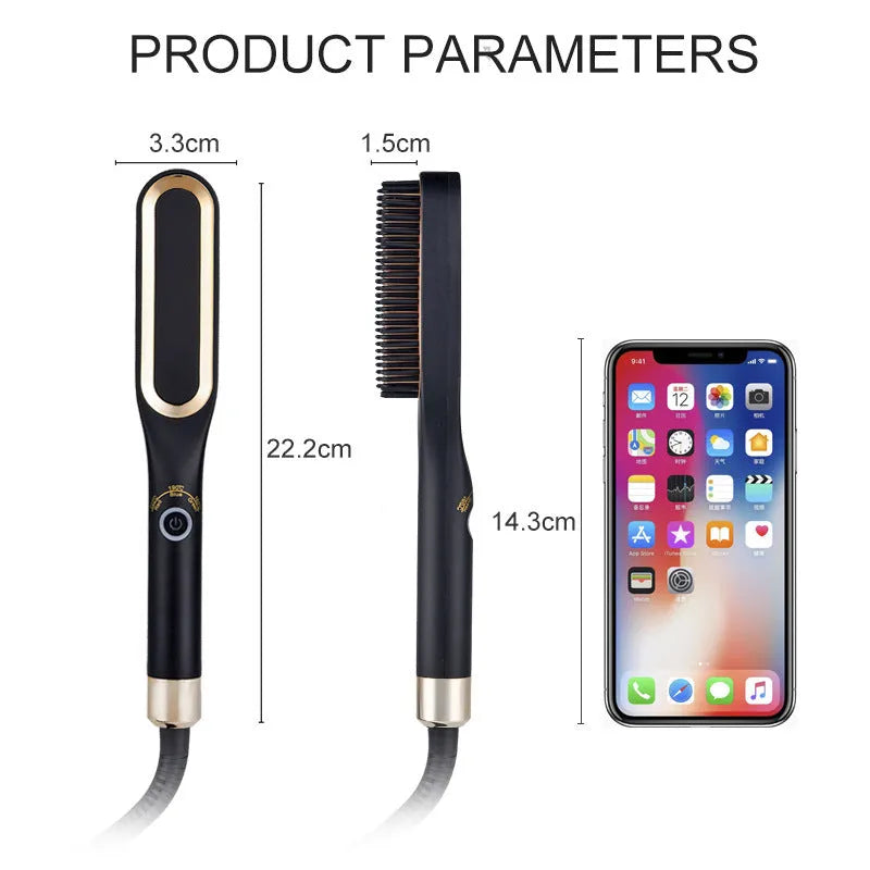 Mini hair straightener brush in gold with tourmaline ceramic heating element, compact size for travel and home use