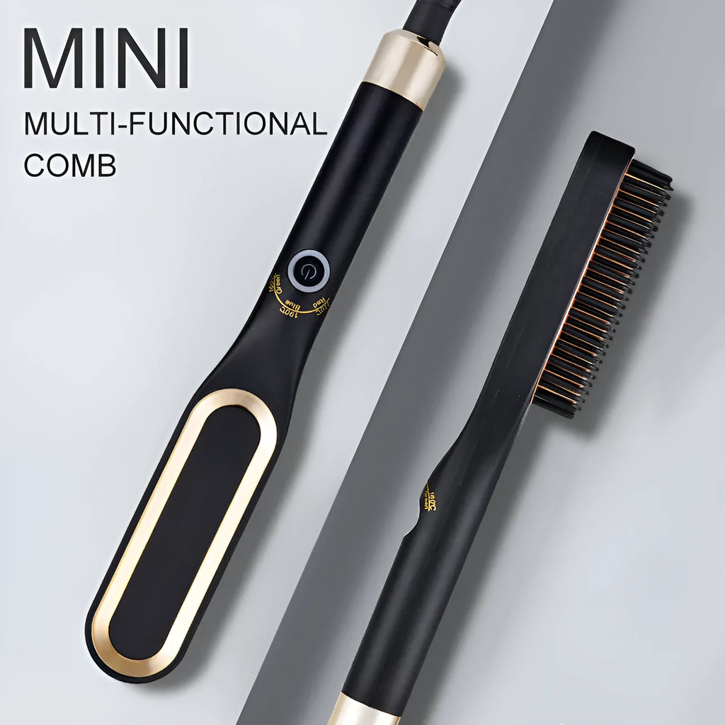 Mini hair straightener brush in gold with tourmaline ceramic heating element, compact size for travel and home use