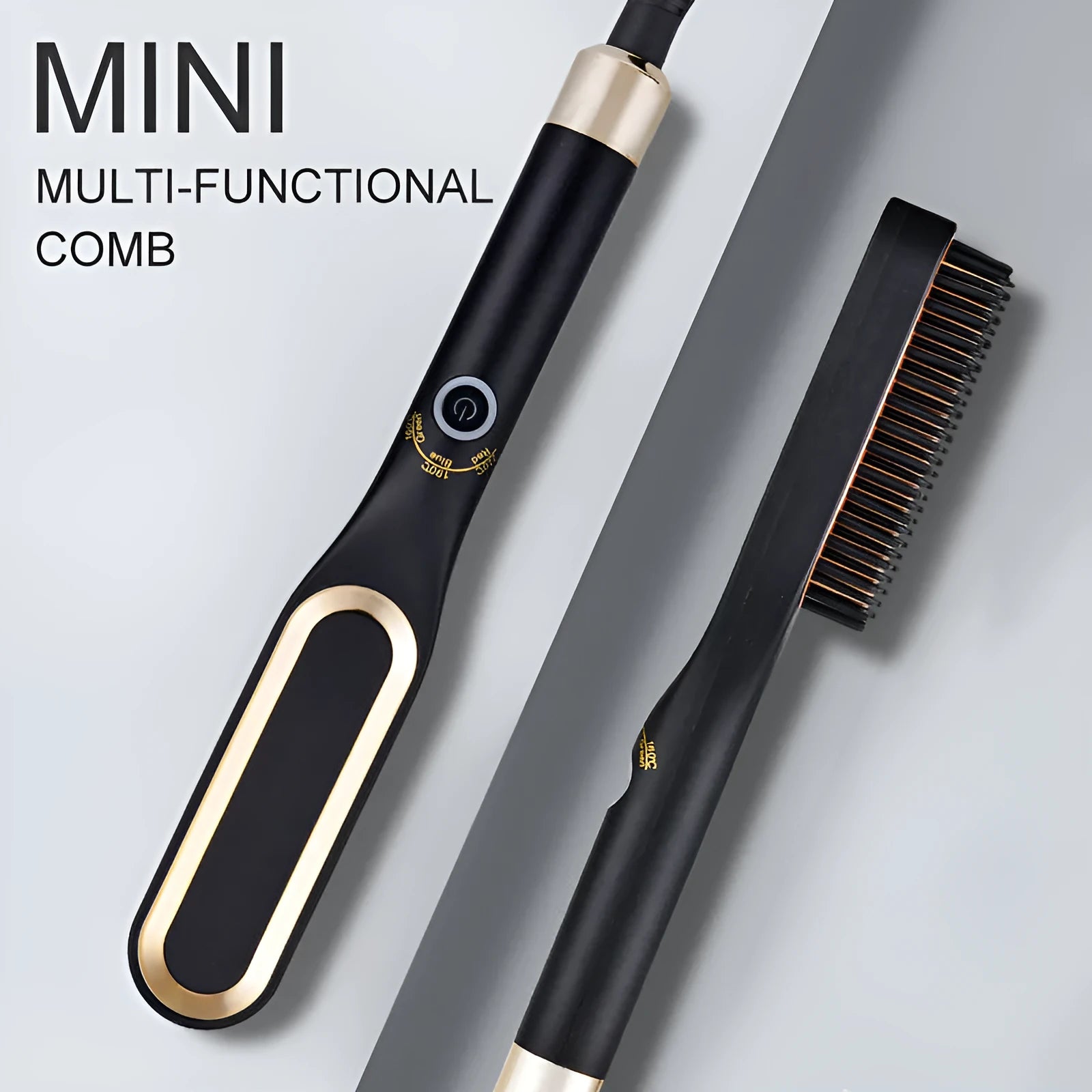 Mini hair straightener brush in gold with tourmaline ceramic heating element, compact size for travel and home use
