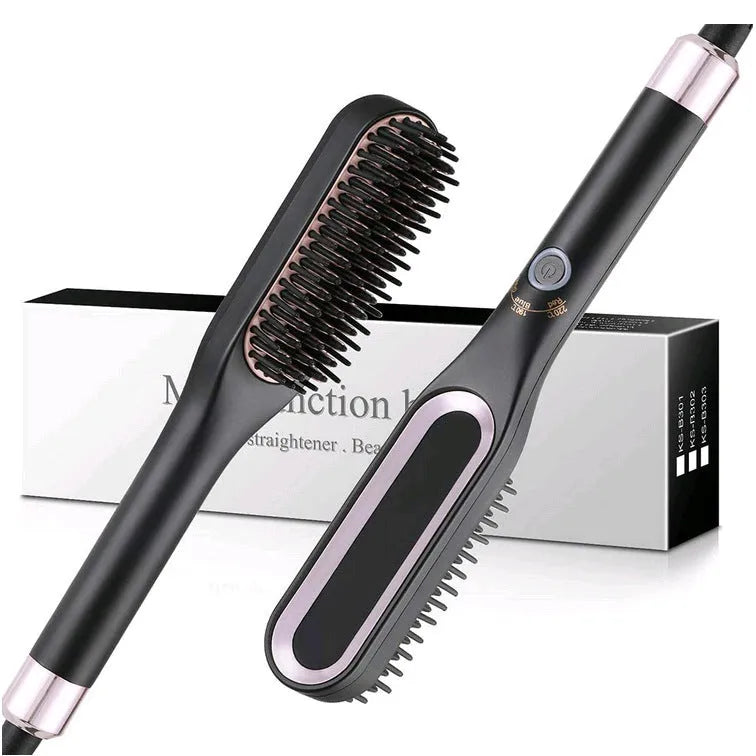 Mini hair straightener brush in gold with tourmaline ceramic heating element, compact size for travel and home use