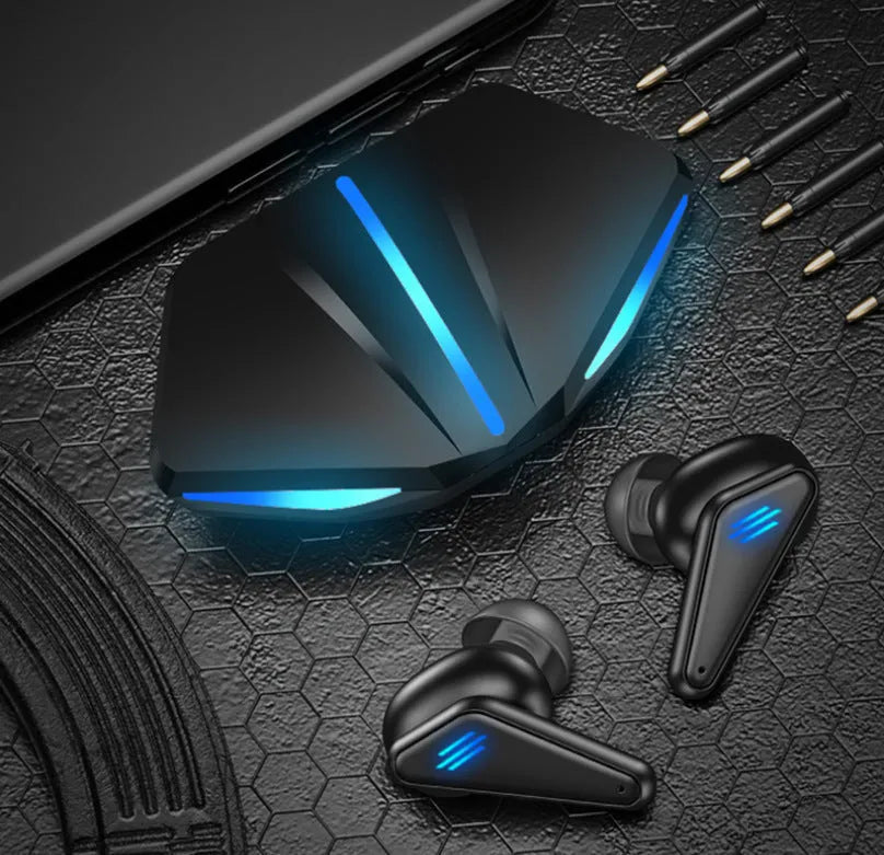 Blue Private Model K55 wireless Bluetooth gaming earbuds with TWS Bluetooth 5.0 and NFC function.