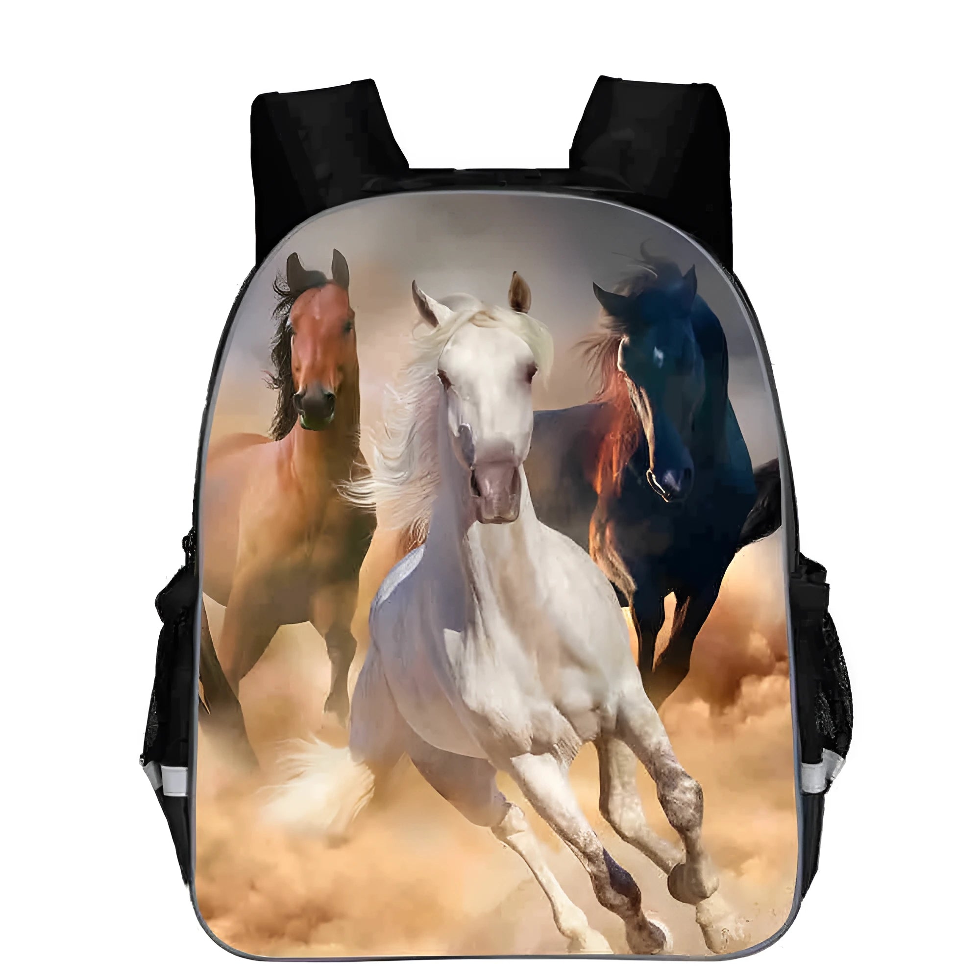 Cartoon horse head design on a medium-sized polyester school backpack with a zip opening.