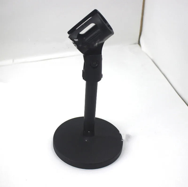 Black metal desktop microphone bracket with steel construction and plastic clip for conference microphones