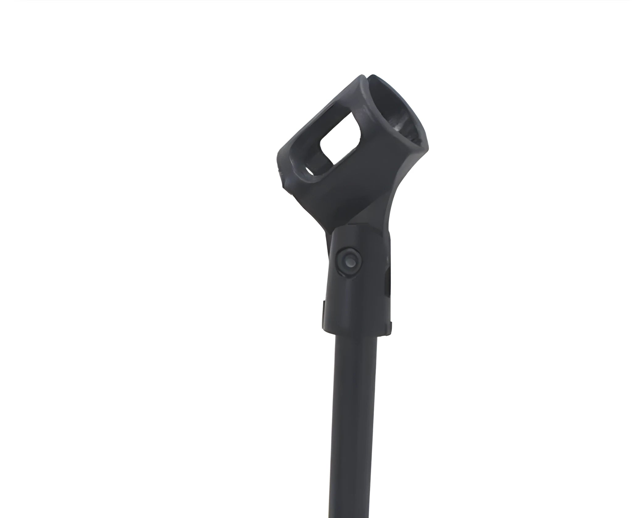 Black metal desktop microphone bracket with steel construction and plastic clip for conference microphones