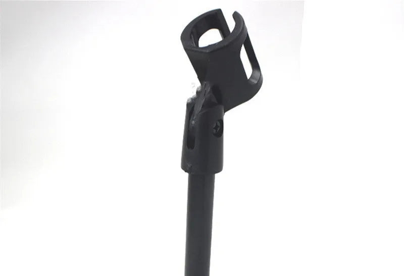 Black metal desktop microphone bracket with steel construction and plastic clip for conference microphones