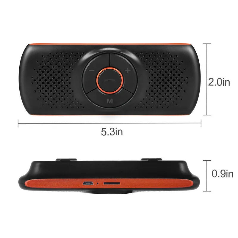Orange Bluetooth car hands-free speaker clipped onto a sun visor with wireless smartphone pairing for 3W audio output