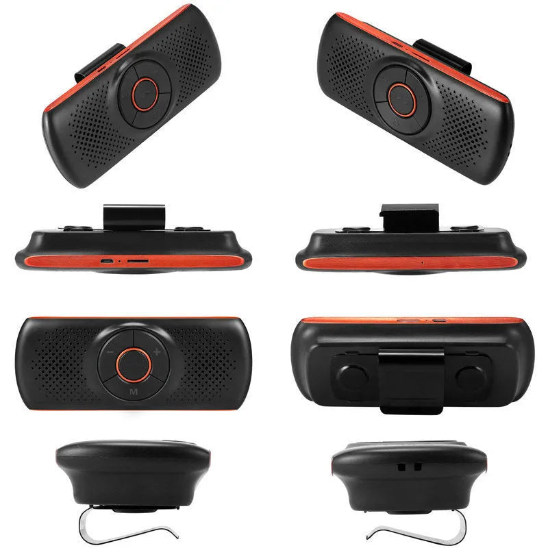 Orange Bluetooth car hands-free speaker clipped onto a sun visor with wireless smartphone pairing for 3W audio output