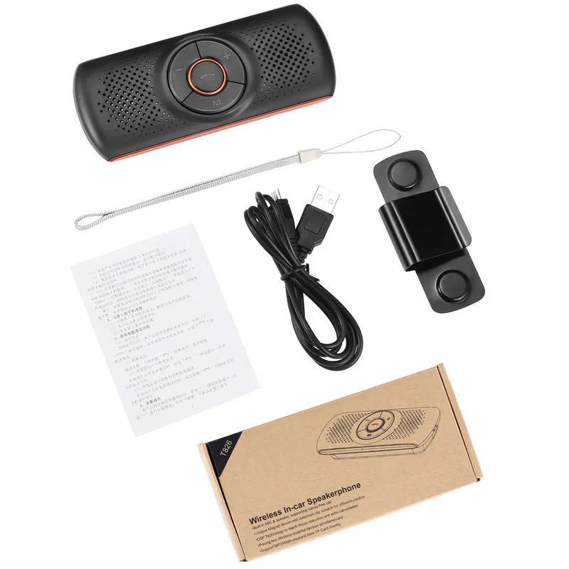 Orange Bluetooth car hands-free speaker clipped onto a sun visor with wireless smartphone pairing for 3W audio output