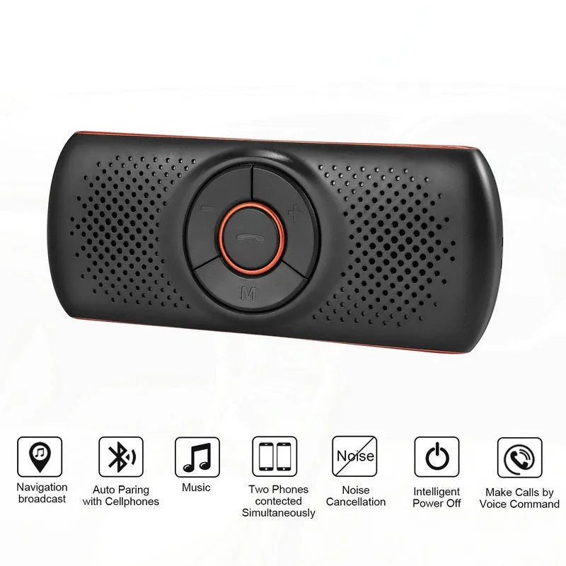 Orange Bluetooth car hands-free speaker clipped onto a sun visor with wireless smartphone pairing for 3W audio output