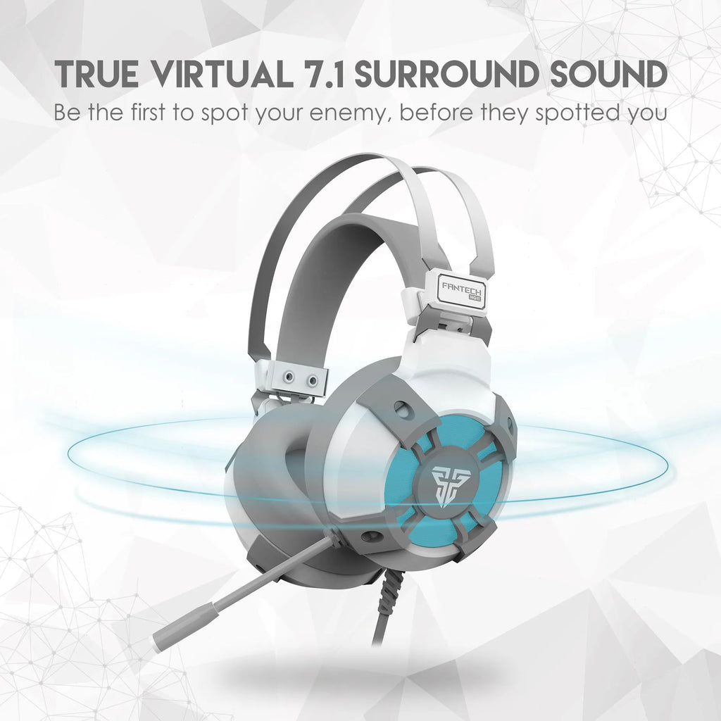 Black FANTECH HG11 USB gaming headset with RGB lighting on earcups and a long cable.
