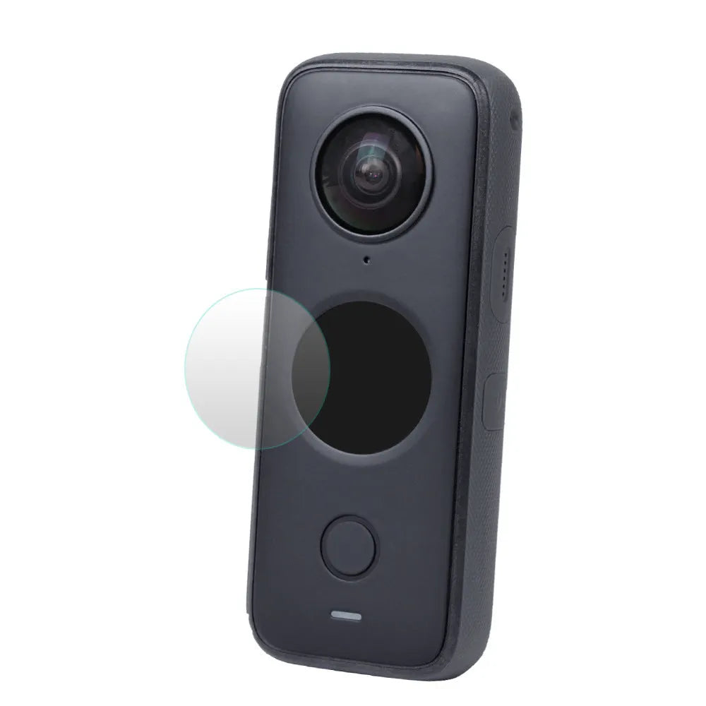 Black tempered glass screen protector for Insta360 ONE X2 with installation frame.