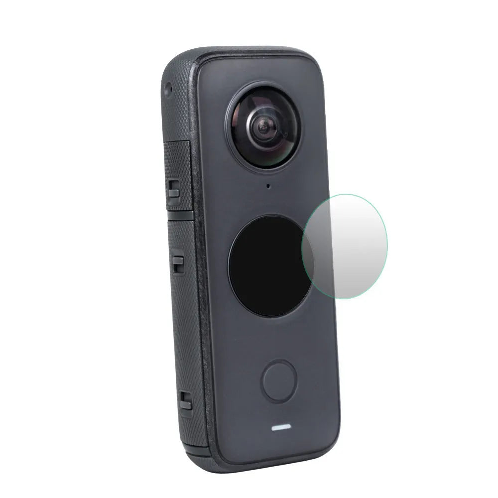 Black tempered glass screen protector for Insta360 ONE X2 with installation frame.