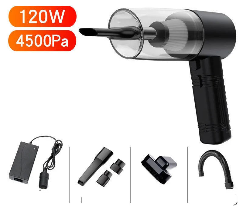 Starry Sky Black and Pearl White car vacuum cleaner with accessories on a 5-metre cable.