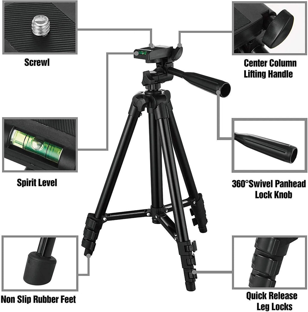 Black portable aluminium alloy tripod with 3D head extended to medium height