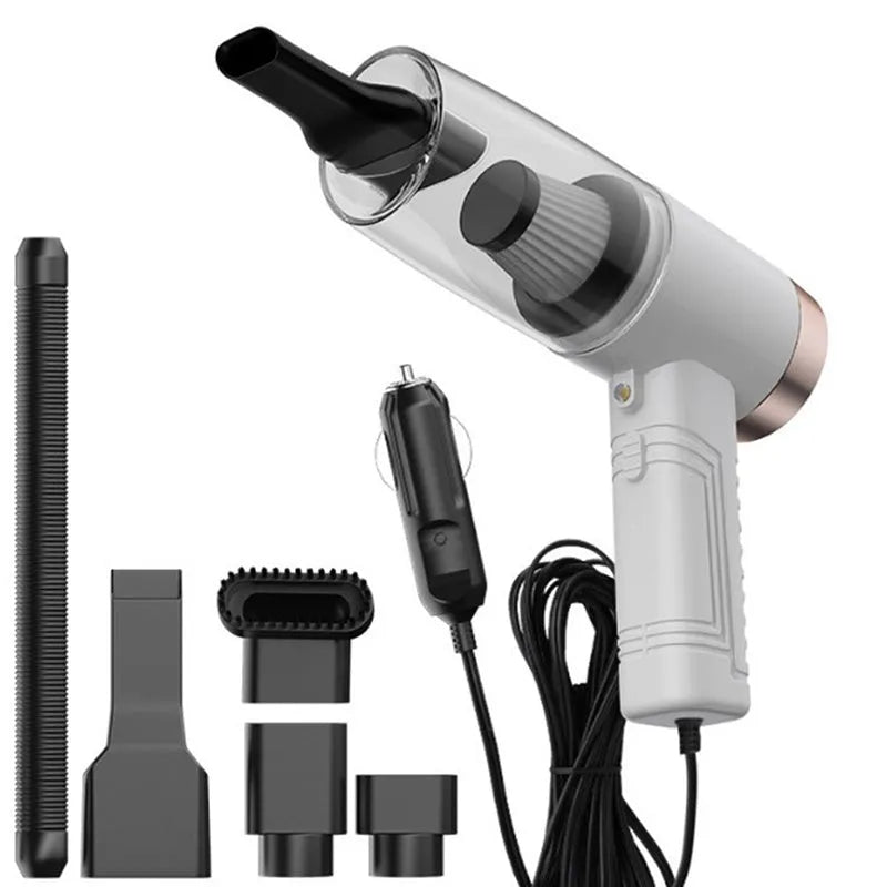 Starry Sky Black and Pearl White car vacuum cleaner with accessories on a 5-metre cable.