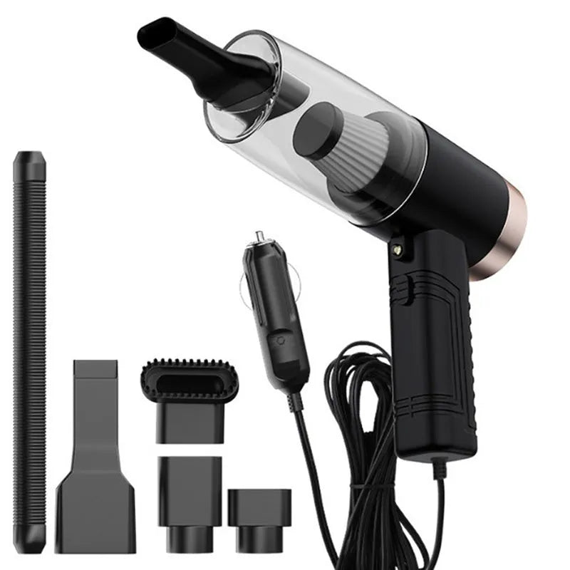 Starry Sky Black and Pearl White car vacuum cleaner with accessories on a 5-metre cable.