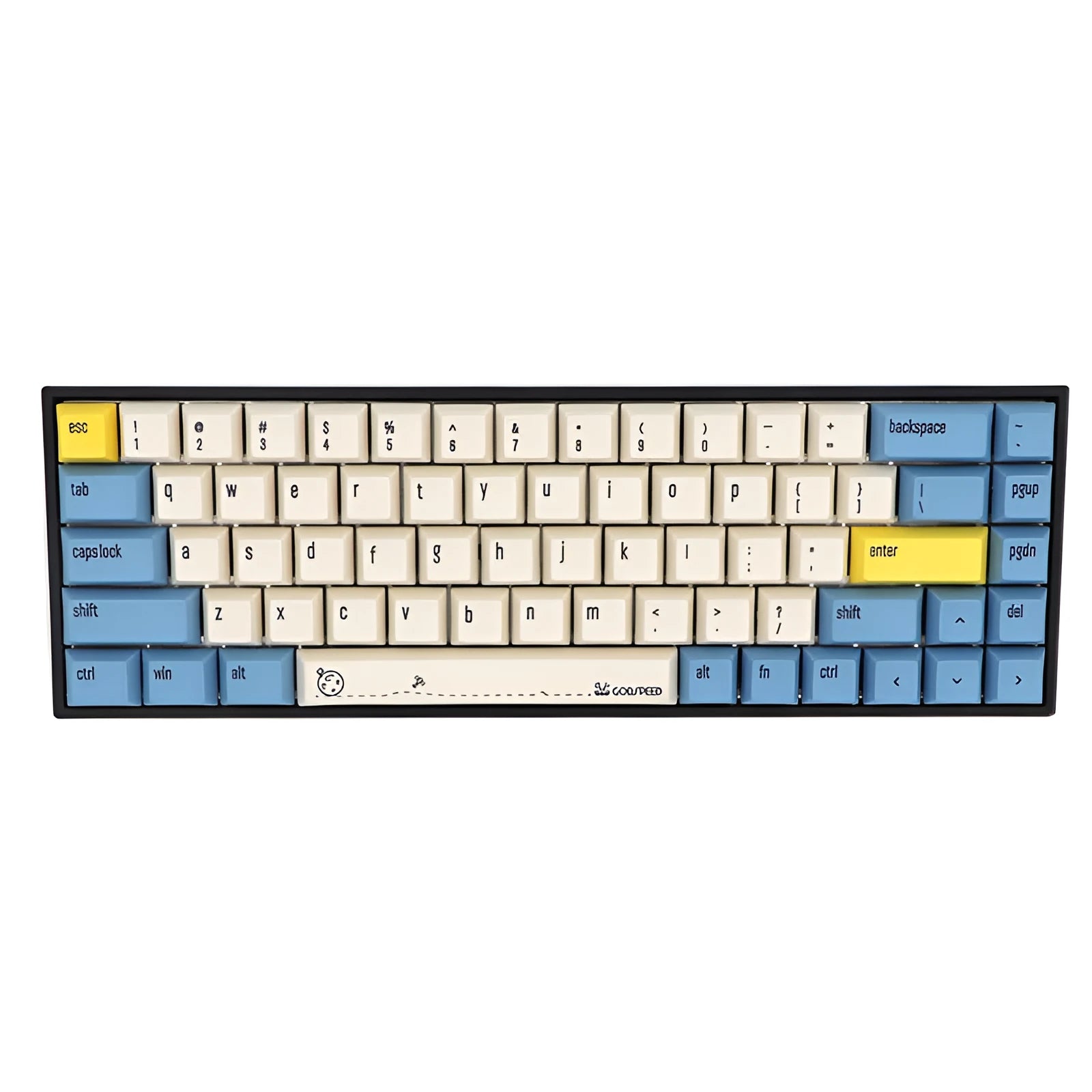 68-key PBT mechanical keyboard keycap set spread out, showing colour options like blue, pink, grey, and yellow.
