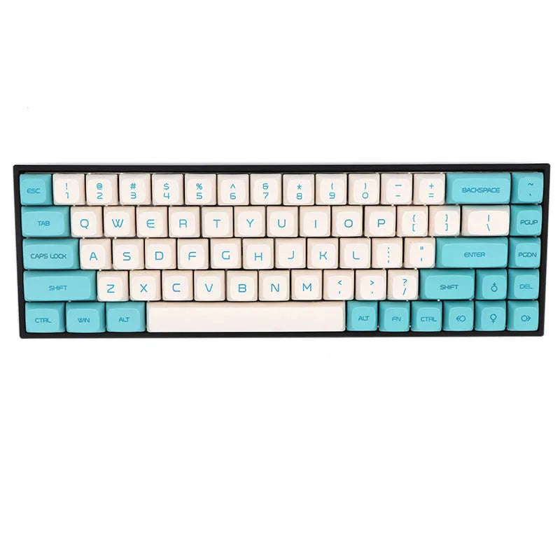 68-key PBT mechanical keyboard keycap set spread out, showing colour options like blue, pink, grey, and yellow.