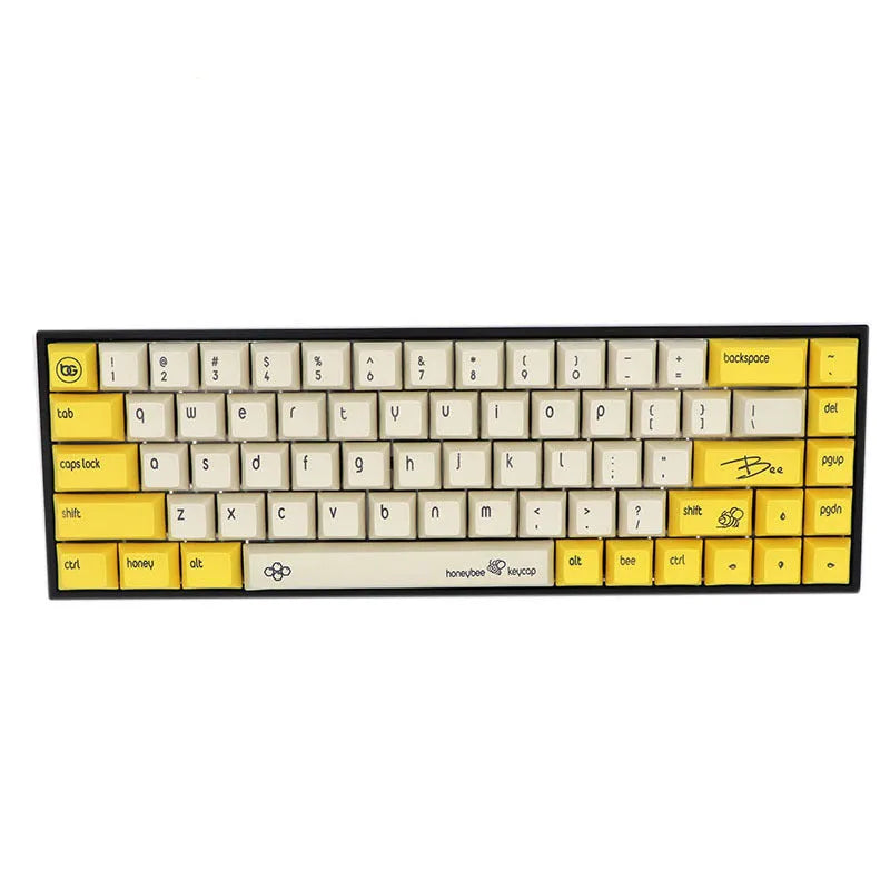 68-key PBT mechanical keyboard keycap set spread out, showing colour options like blue, pink, grey, and yellow.