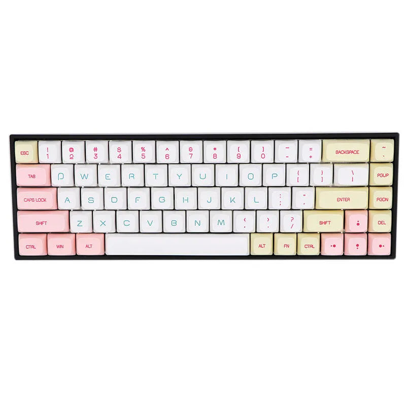 68-key PBT mechanical keyboard keycap set spread out, showing colour options like blue, pink, grey, and yellow.