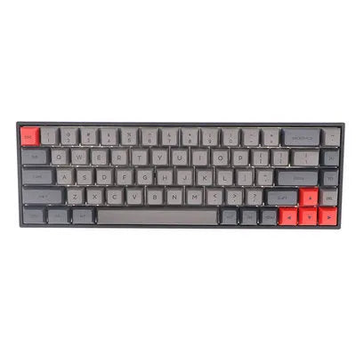 68-key PBT mechanical keyboard keycap set spread out, showing colour options like blue, pink, grey, and yellow.