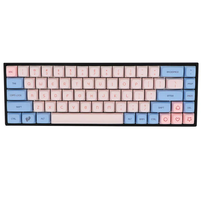 68-key PBT mechanical keyboard keycap set spread out, showing colour options like blue, pink, grey, and yellow.