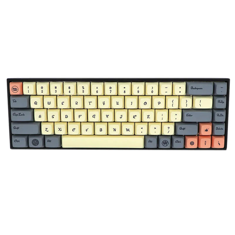 68-key PBT mechanical keyboard keycap set spread out, showing colour options like blue, pink, grey, and yellow.