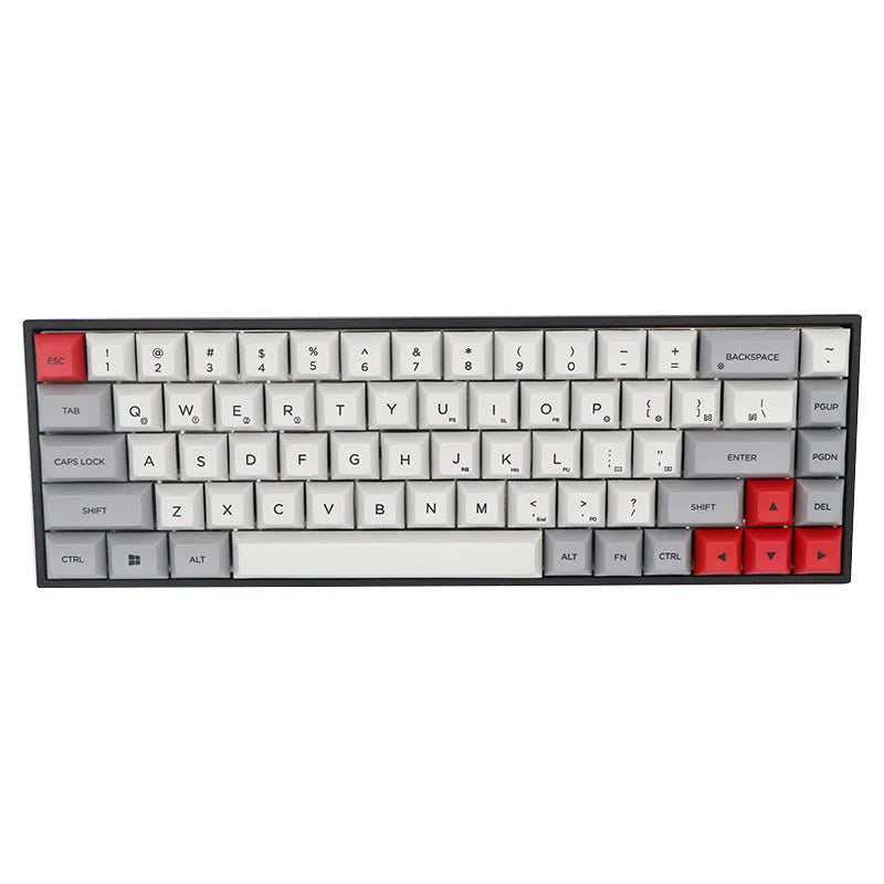 68-key PBT mechanical keyboard keycap set spread out, showing colour options like blue, pink, grey, and yellow.