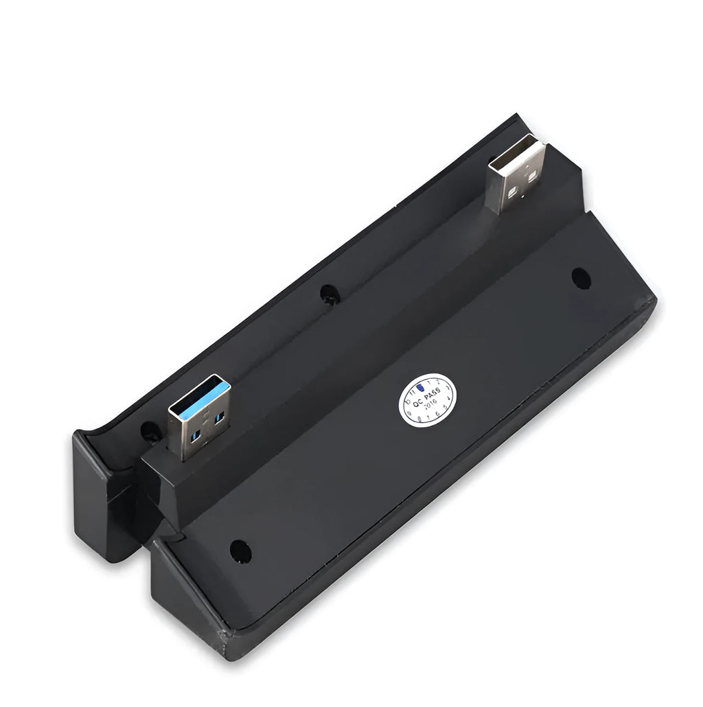 Black PS4 Slim USB hub extender with multiple ports for PlayStation 4 console.