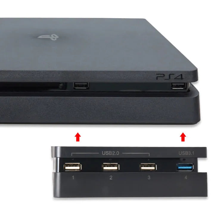 Black PS4 Slim USB hub extender with multiple ports for PlayStation 4 console.
