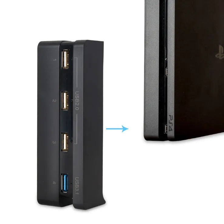 Black PS4 Slim USB hub extender with multiple ports for PlayStation 4 console.
