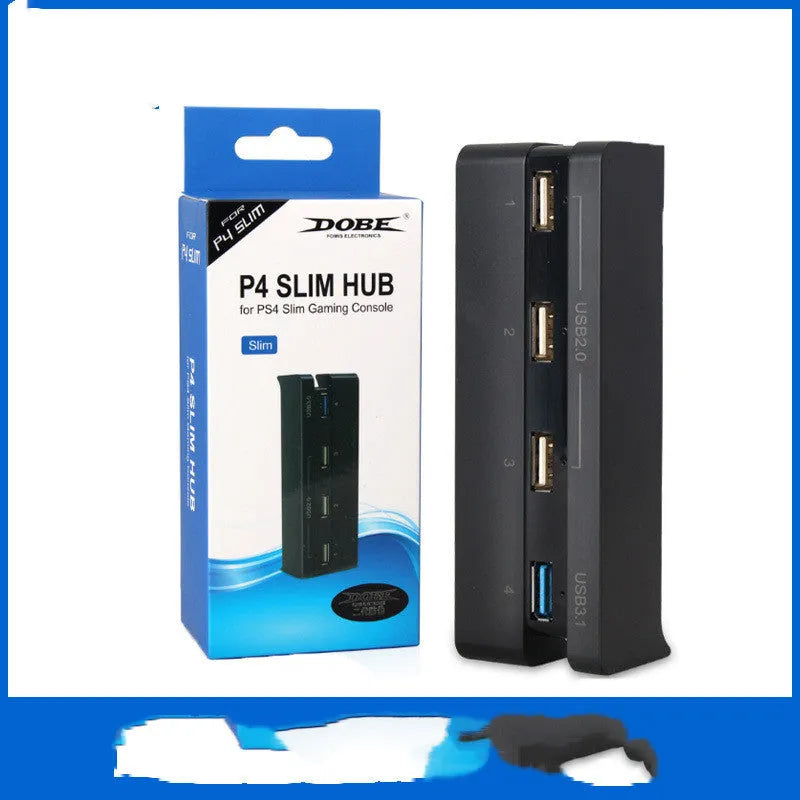 Black PS4 Slim USB hub extender with multiple ports for PlayStation 4 console.