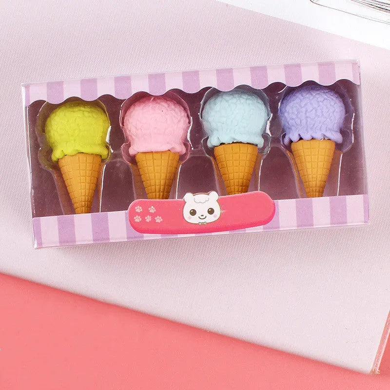 Three sets of cartoon food-shaped erasers for kindergarten children including ice cream cones, doughnuts, and lollipops