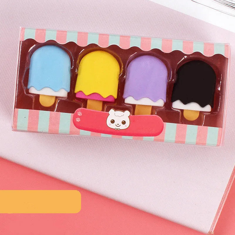 Three sets of cartoon food-shaped erasers for kindergarten children including ice cream cones, doughnuts, and lollipops