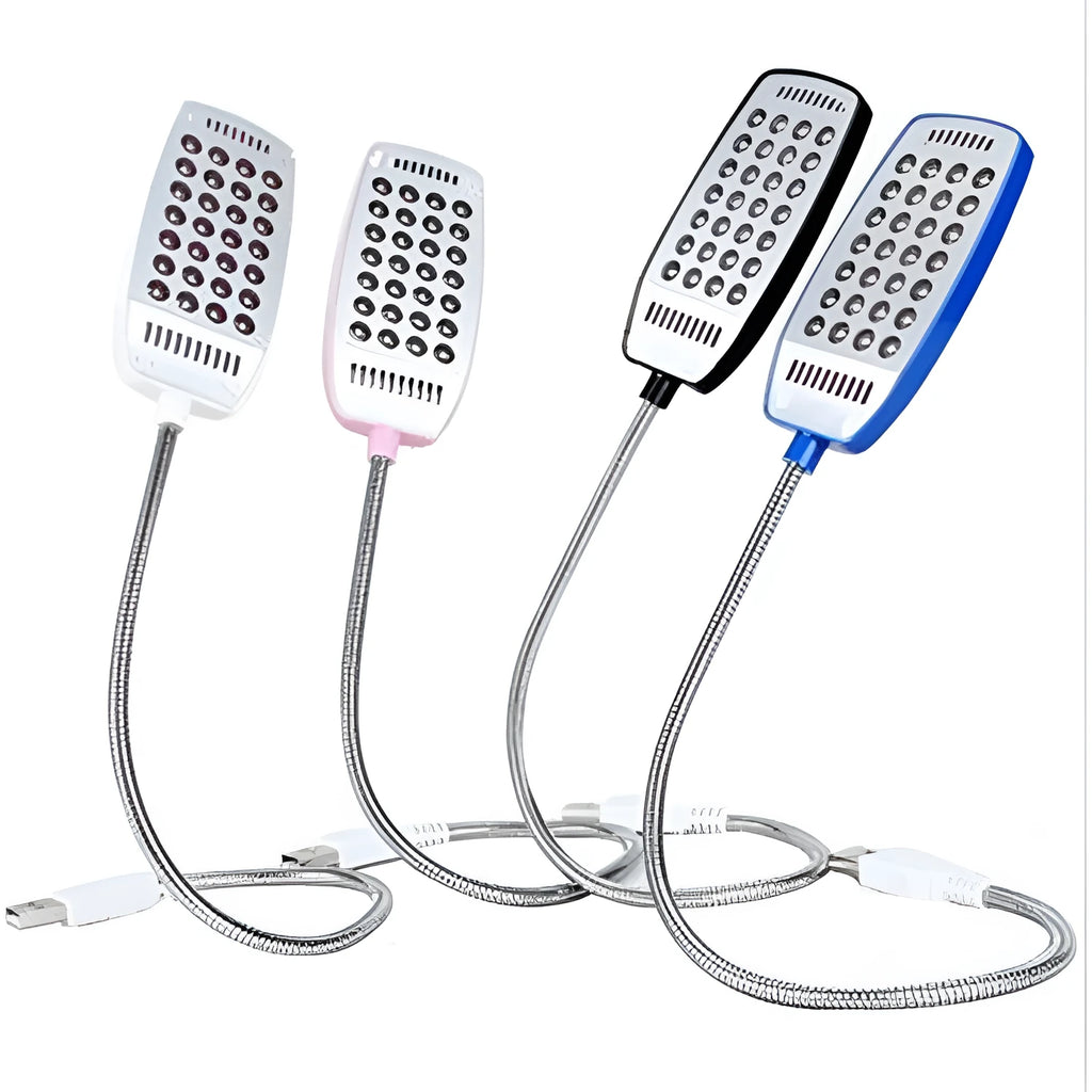 USB LED flexible reading lamp with plastic shade and gooseneck arm, in black, white, blue, and pink options