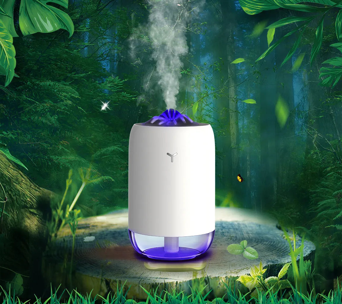 White Magic Flame ultrasonic desktop humidifier with columnar shape and single mist outlet