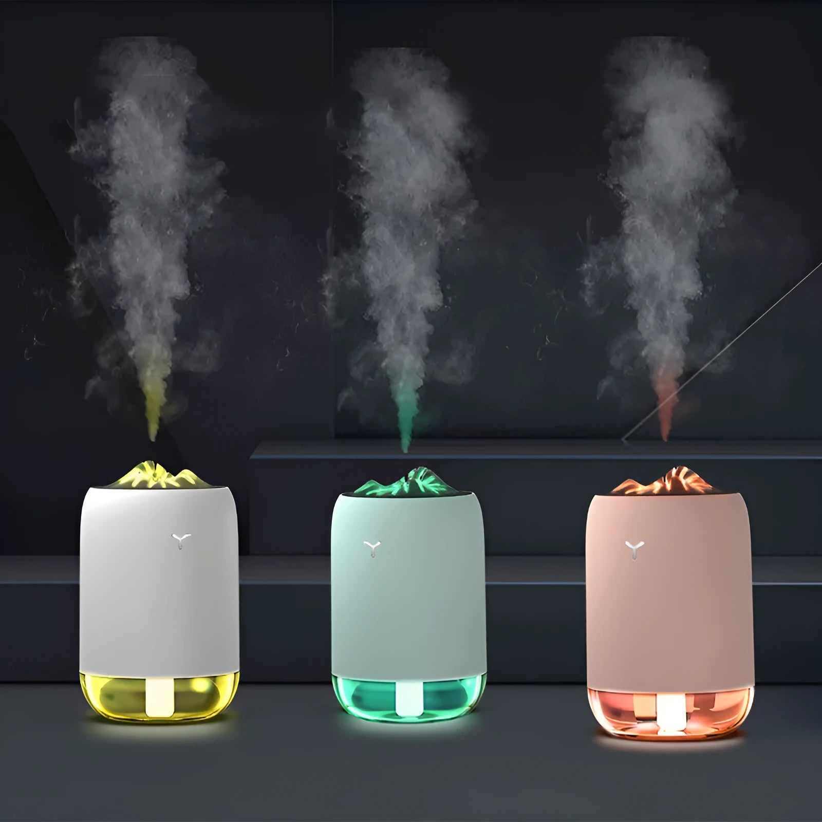 White Magic Flame ultrasonic desktop humidifier with columnar shape and single mist outlet