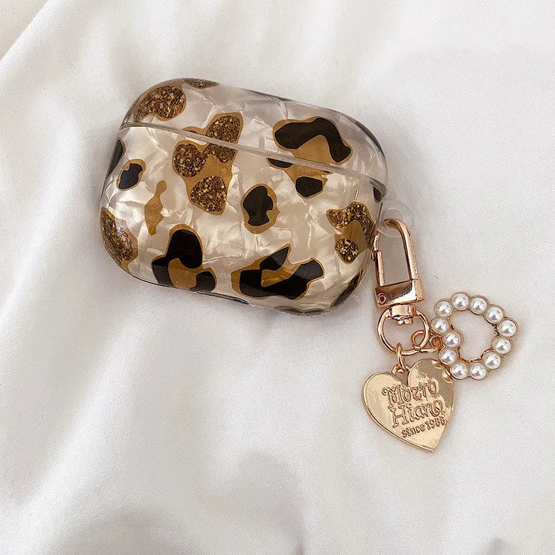 Yellow leopard print TPU protective case for Apple AirPods Pro with pearl chain ornament