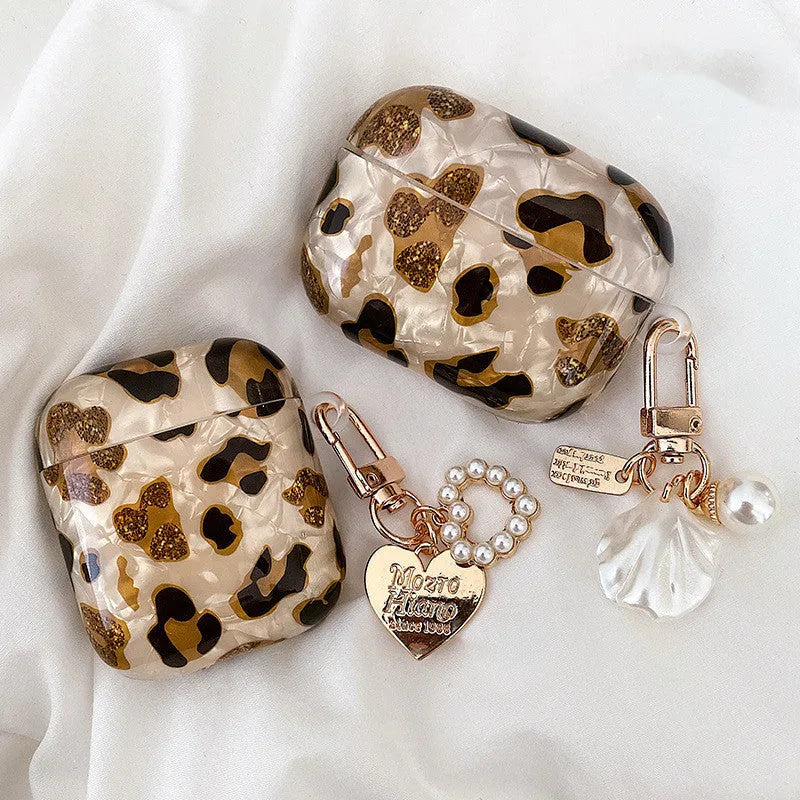 Yellow leopard print TPU protective case for Apple AirPods Pro with pearl chain ornament