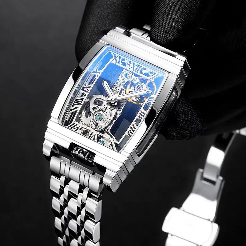 Daystar square stainless steel mechanical watch with leather strap and mineral glass