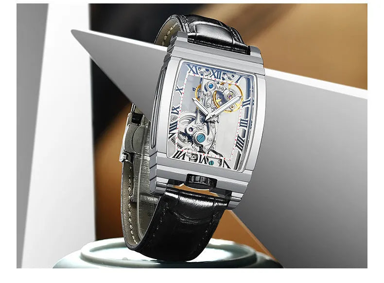Daystar square stainless steel mechanical watch with leather strap and mineral glass
