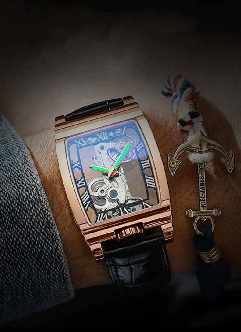 Daystar square stainless steel mechanical watch with leather strap and mineral glass