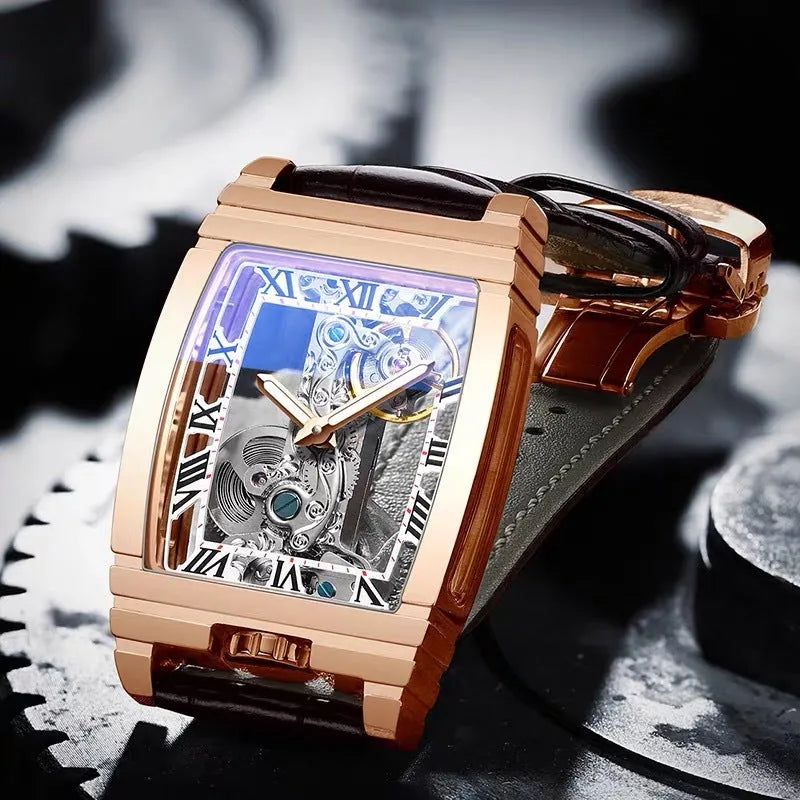 Daystar square stainless steel mechanical watch with leather strap and mineral glass
