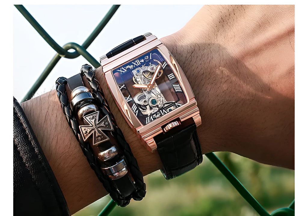 Daystar square stainless steel mechanical watch with leather strap and mineral glass
