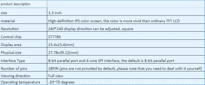 1.3 inch 240x240 IPS LCD display module with ST7789 chip and 18-pin connector