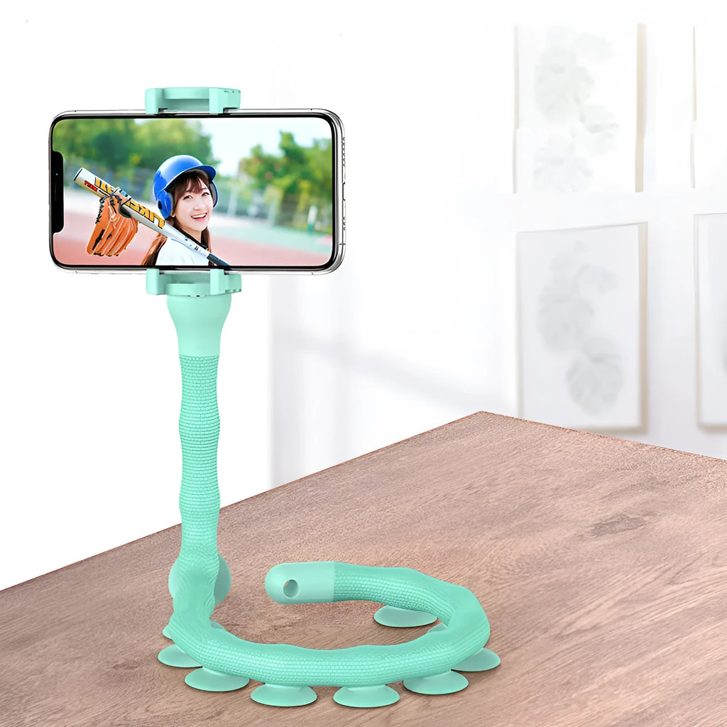 Flexible black phone holder with bendable arm and suction cup mount showing 360-degree rotation