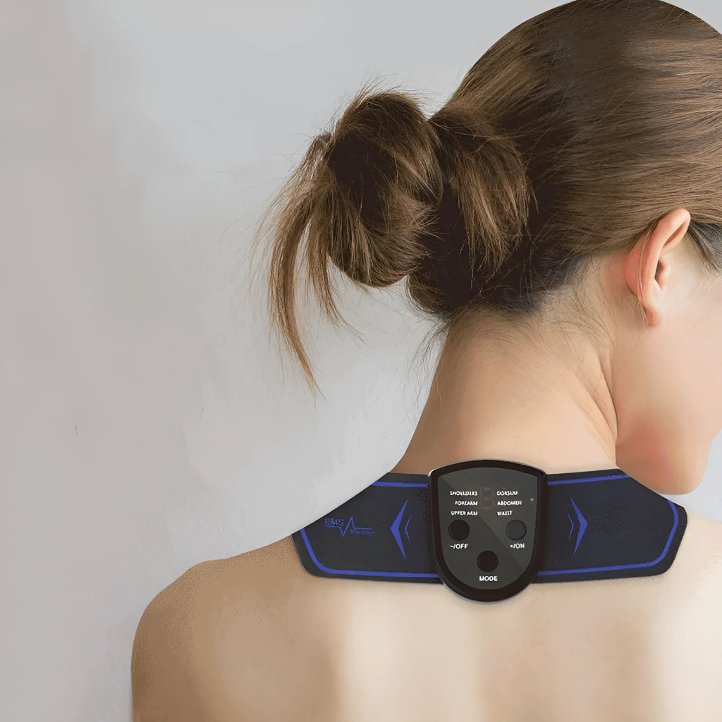 Blue rechargeable electric meridian massager with two massage contacts for neck and shoulder acupressure relief