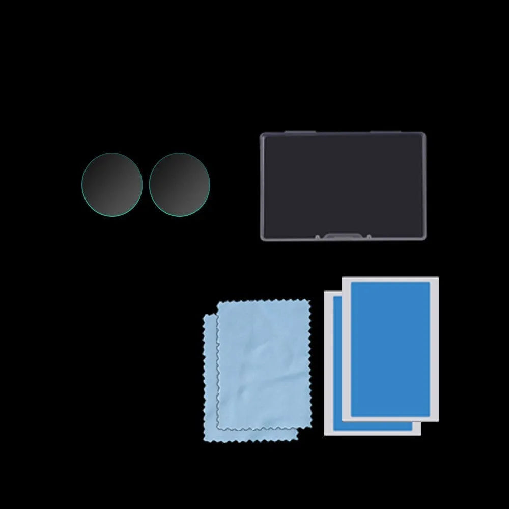 Black tempered glass screen protector for Insta360 ONE X2 with installation frame.